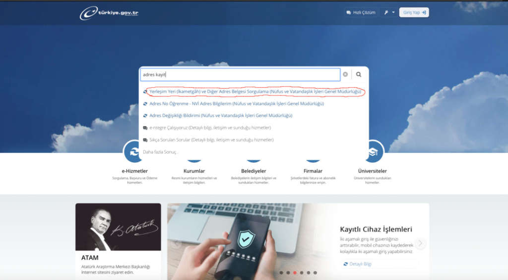 Поиск adres kayit в e-Devlet