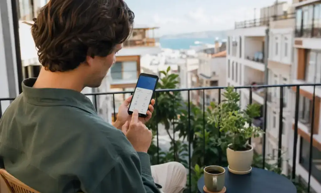 Иностранец пользуется порталом e-Devlet на смартфоне в Турции