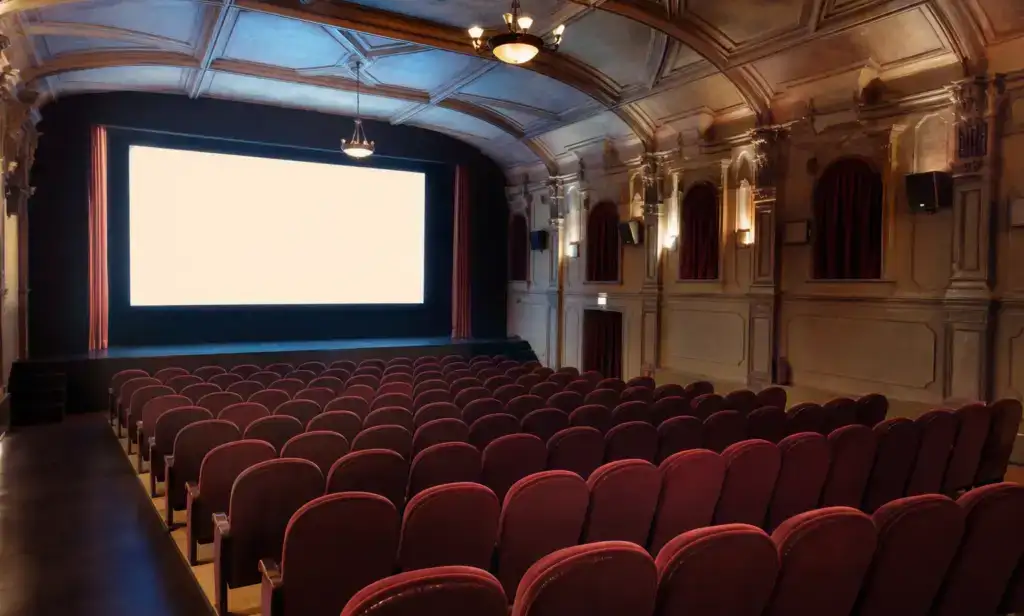 Светлый кинозал с экраном и рядами кресел перед показом Filmekimi в Стамбуле